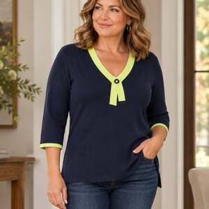 Misook Navy Blue Lime Green Sweater V Neck  3/4 Sleeve Size XL Quiet Luxury